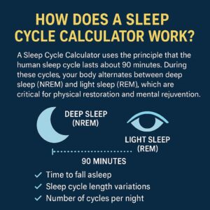 Online sleep calculator showing ideal bedtimes and wake-up times based on 90-minute sleep cycles