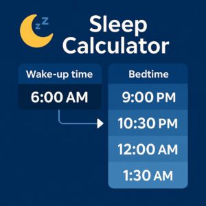Online sleep calculator showing ideal bedtimes and wake-up times based on 90-minute sleep cycles