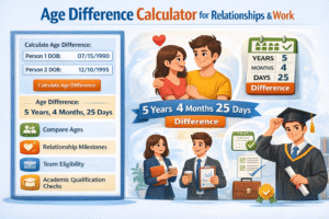 Age Calculator Online showing age gap in years, months and days between two birth dates for relationships and work eligibility
