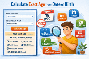 Exact age calculator Online from date of birth showing years, months, days, weeks, hours, minutes and seconds calculation results