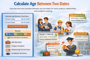 Age Calculator Online infographic showing exact age calculation between two dates for job duration, project timeline, relationship anniversaries, employment period, and academic duration