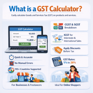 GST Calculator infographic showing CGST, SGST, IGST breakdown, discounts, and multi-country support for accurate tax calculations.