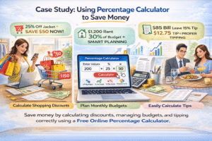 Case study showing how a Percentage Calculator helps save money on shopping discounts, monthly budgets, and calculating tips accurately