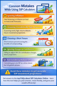 SIP Calculator Online infographic showing 5 common mistakes including ignoring inflation, unrealistic return expectations, short tenure selection and contribution