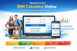 “BMI Calculator Online interface showing instant results for adults, teenagers, and children with weight categories underweight, healthy weight, overweight, and obese”