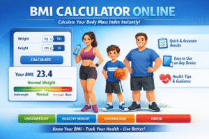 Online BMI Calculator showing BMI results and health categories for adults and children