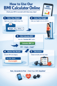 "Step-by-step guide on how to use our BMI Calculator Online – enter weight, height, calculate BMI, and check your health category instantly."