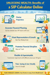“SIP Calculator Online infographic showing benefits including accurate financial planning, visual growth representation, goal-oriented investing, financial discipline, flexibility, and time-saving user-friendly features.”