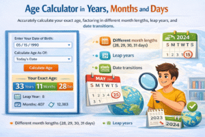 Age Calculator Online infographic showing exact age calculation in years, months, and days from date of birth, considering leap years, varying month lengths, and accurate date transitions