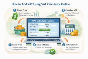 Step-by-step guide showing how to add VAT using VAT Calculator Online by entering price, VAT rate, and calculating the total amount instantly.