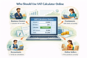 Infographic showing who should use VAT Calculator Online including business owners, freelancers, accountants, and online sellers for accurate VAT calculations.