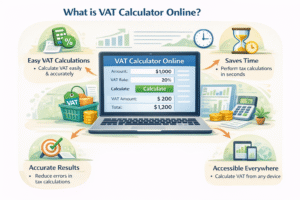 Infographic showing VAT Calculator Online on a laptop with benefits like easy VAT calculation, instant results, accuracy, time-saving, and financial planning for businesses, freelancers, and accountants.