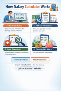 Step by step process explaining how Salary Calculator Online works including gross salary input, tax details, deductions, and net salary calculation.