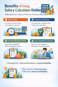 Benefits of using Salary Calculator Online including fast salary calculation, accurate tax deductions, financial clarity, and easy salary planning.