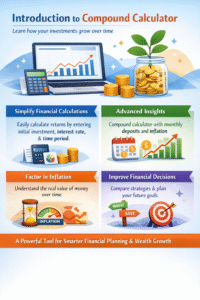 “Illustration of Compound Calculator Online showing investment growth with monthly deposits and inflation effects”