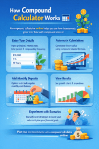 Compound Calculator Online showing investment growth with monthly deposits and inflation