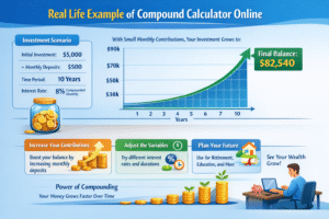 Illustration of a compound calculator online showing growth of investments over 10 years with monthly deposits and inflation, highlighting final balance and exponential growth.