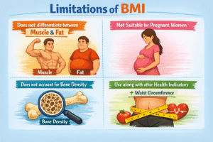 BMI Calculator Online limitations infographic showing muscle vs fat difference, pregnancy restriction, bone density factor, and waist circumference health indicator.