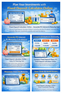 Fixed Deposit Calculator Online dashboard showing principal, interest rate, tenure, and maturity amount