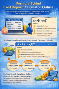 ixed Deposit Calculator Online infographic showing compound interest formula, principal, interest rate, tenure, and maturity amount calculation