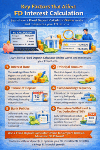 Fixed Deposit Calculator Online infographic showing key factors affecting FD interest calculation including interest rate, principal, tenure, compounding frequency, bank policies, premature withdrawal, and TDS