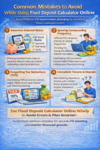 Fixed Deposit Calculator Online infographic highlighting common mistakes like incorrect interest rates, ignoring compounding frequency, overlooking TDS, and unrealistic tenure or deposit amounts