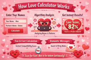 Step-by-step infographic showing how Love Calculator Online analyzes two names and calculates an instant love compatibility percentage.
