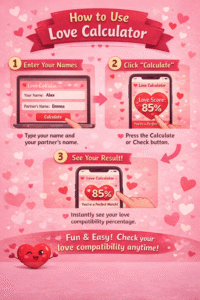 Step-by-step infographic showing how to use Love Calculator Online by entering two names and generating an instant love compatibility percentage.