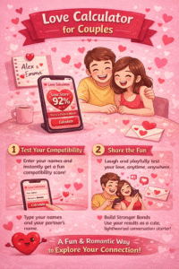 Infographic showing Love Calculator Online for couples where partners enter their names to check instant love compatibility percentage.