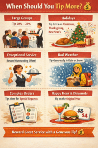 Tax and Tip Calculator guide showing when to tip more in different situations like large groups, holidays, bad weather, and exceptional service using tax and gratuity calculator tips.