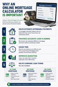 Online Mortgage Calculator showing monthly home loan payments, mortgage comparison, budgeting, and loan term analysis