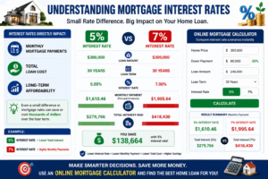 Online mortgage calculator showing comparison of 5% vs 7% interest rates and how small changes affect monthly payments, total loan cost, and long-term affordability