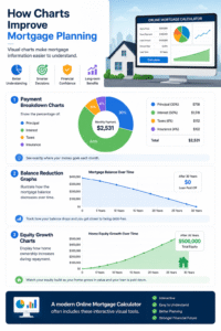 Online mortgage calculator showing payment breakdown charts, balance reduction graph, and equity growth visualization for better mortgage planning