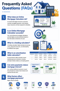 Online mortgage calculator FAQ infographic explaining mortgage payments, interest rates, amortization table, lending calculator, and factors affecting loan repayment.