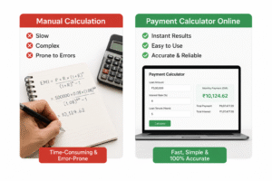 Payment calculator online comparison showing manual calculation vs digital EMI calculator, highlighting speed, accuracy, and ease of use for loan and payment planning