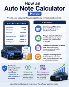 Automobile loan calculator infographic showing payoff timeline, interest distribution, repayment structure, and financing comparison for better loan planning