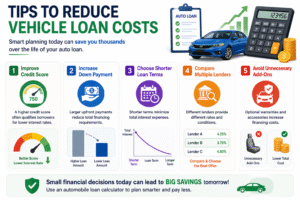 Automobile loan calculator infographic showing tips to reduce vehicle loan costs including credit score improvement, down payment, shorter loan terms, and lender comparison