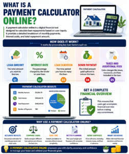 Infographic explaining how a payment calculator online works to estimate monthly loan payments, interest costs, loan duration, down payment, taxes, and total repayment amount.