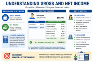 Pay stub calculator infographic explaining gross income vs net income, payroll deductions, taxes, insurance, and take-home pay calculation example for employees and businesses.