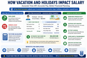 Pay stub calculator infographic showing how vacations, paid holidays, unpaid leave, and time off impact salary, take-home pay, and payroll calculations.