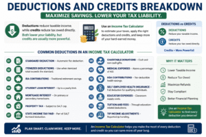 Income Tax Calculator infographic showing deductions and tax credits breakdown to reduce taxable income and maximize tax savings