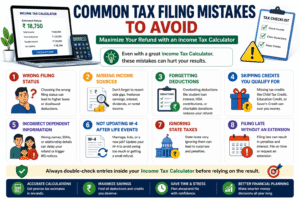 Income Tax Calculator infographic explaining common tax filing mistakes that can reduce refunds and cause filing errors