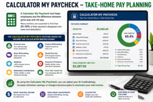 Income Tax Calculator paycheck planning infographic showing gross pay, tax deductions, and final take-home pay breakdown