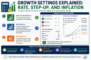 Finance calculator online infographic explaining rate of return, step-up investment growth, and inflation impact on wealth planning