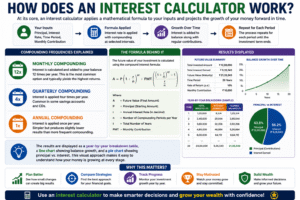 Interest calculator infographic explaining compound interest growth, monthly contributions, and investment balance projections over time