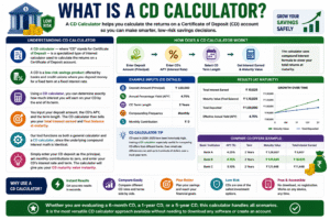 Interest calculator infographic explaining CD calculator returns, APY growth, certificate of deposit maturity value, and savings planning