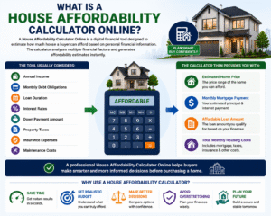 House Affordability Calculator Online infographic showing mortgage affordability, monthly payments, home loan estimates, and housing cost planning