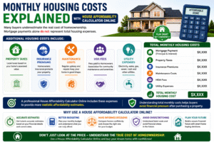 House Affordability Calculator Online infographic showing monthly housing costs including mortgage, taxes, insurance, HOA fees, and utilities