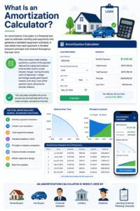 amortization calculator  showing amortization schedule, monthly loan payments, principal vs interest charts, and repayment analysis dashboard