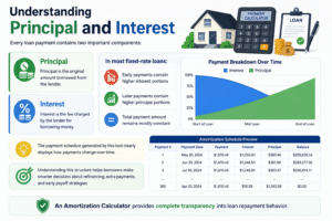 amortization calculator online infographic explaining principal and interest breakdown with amortization schedule, loan charts, and repayment timeline